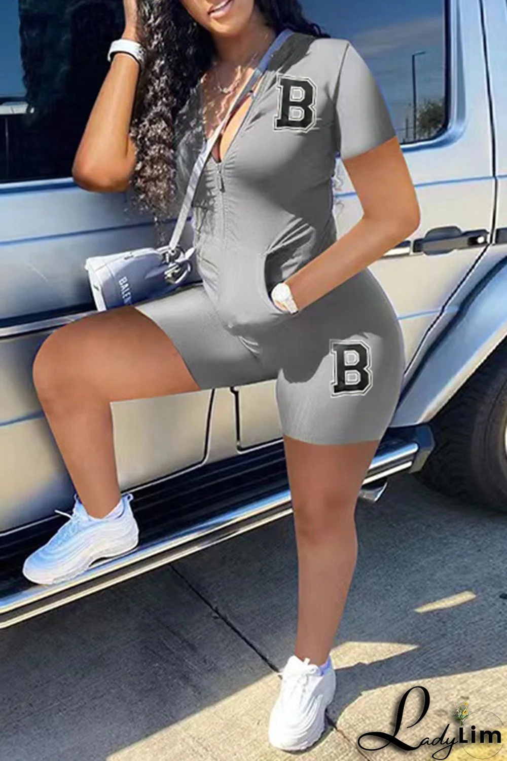 Peacock Blue Fashion Casual Letter Print Basic Zipper Collar Short Sleeve Two Pieces