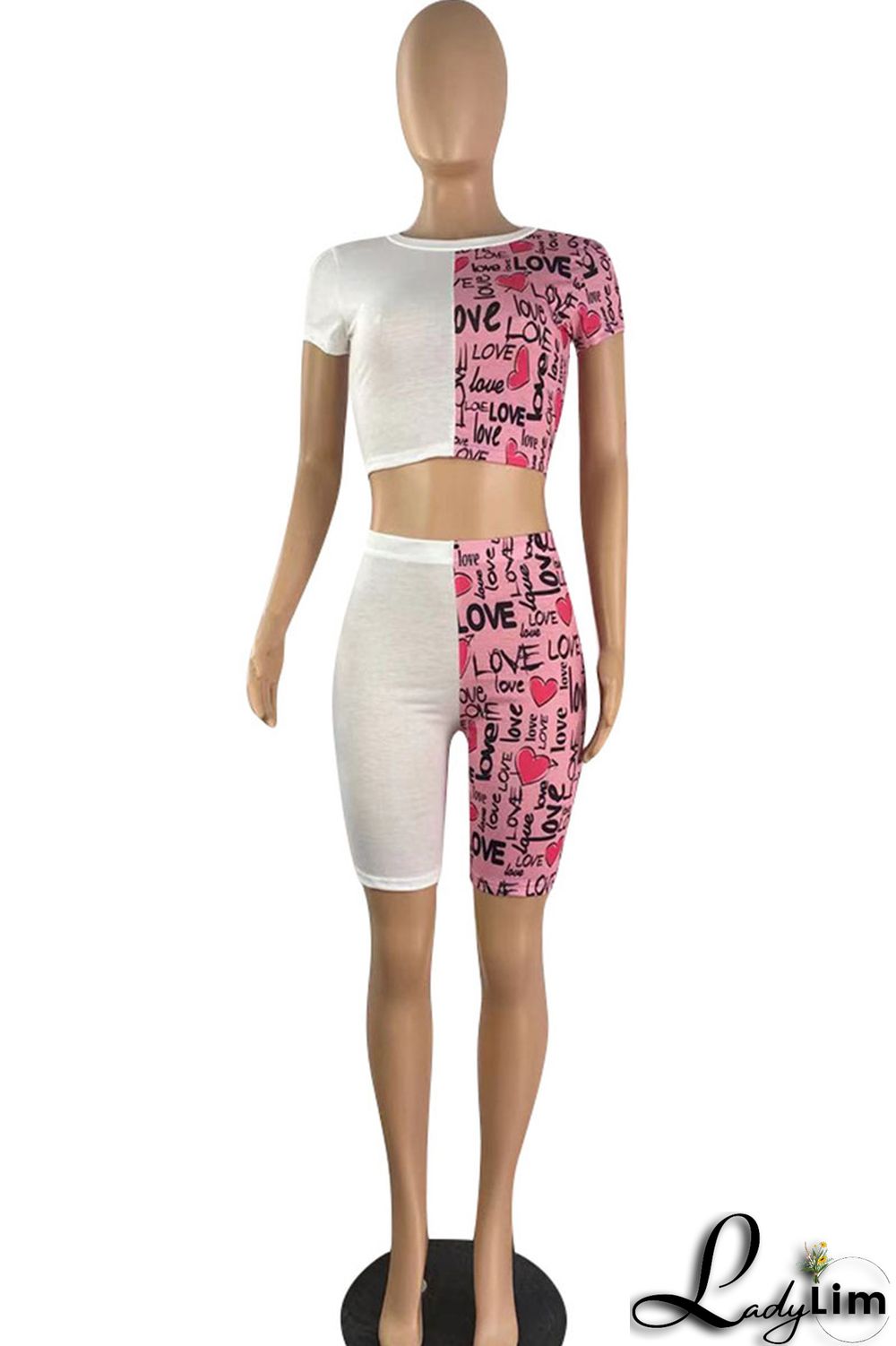 Black Casual Print Split Joint O Neck Short Sleeve Two Pieces