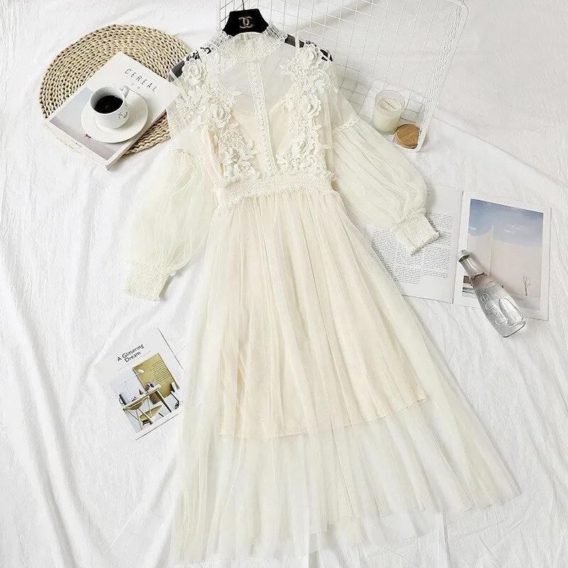 New Arrivals Lantern Sleeve Voile Long Dress Female Women Lace Flower Dress Women Casual Hook Princess Dresses 2 Piece Set 12041