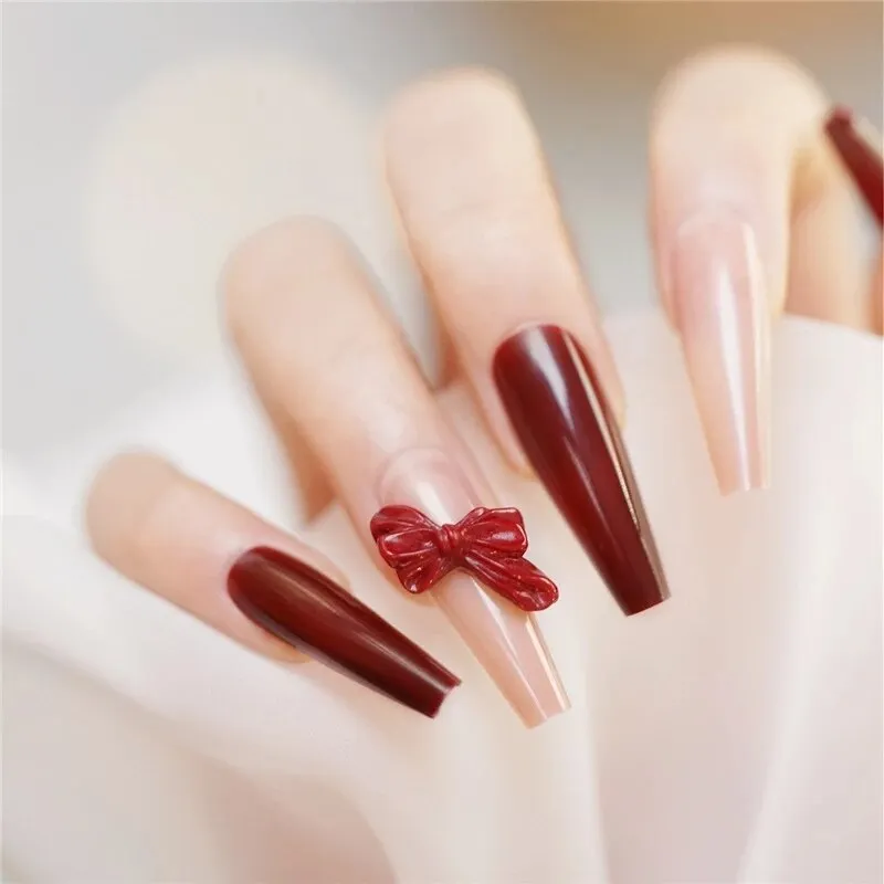 24pcs Rose Pattern Red Wine False Nail Fake Nails Coffin Glossy Press On Nails False Girls Ballerina full cover Fingernails Tips-Nail Inspo