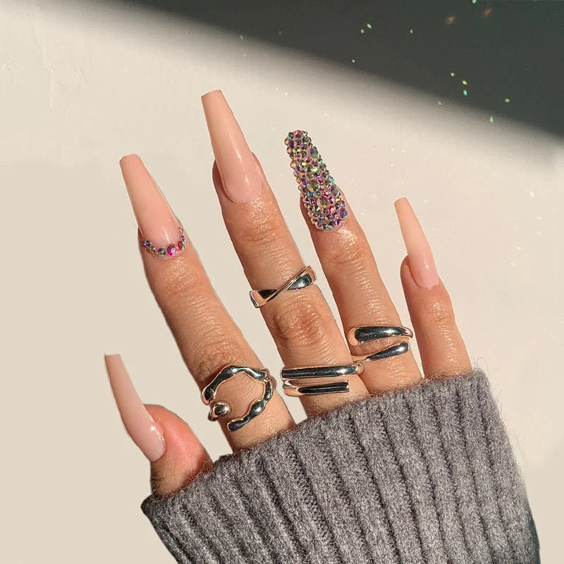 24pcs Fake long fingernail Ballet Nude color transparent Pink cloud Manicure patch press on nails with designs for girls sticker-Nail Inspo