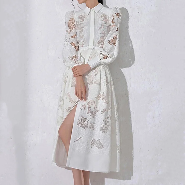 Elegant Embroidered Hollow Lace Lantern Sleeve Midi Dress