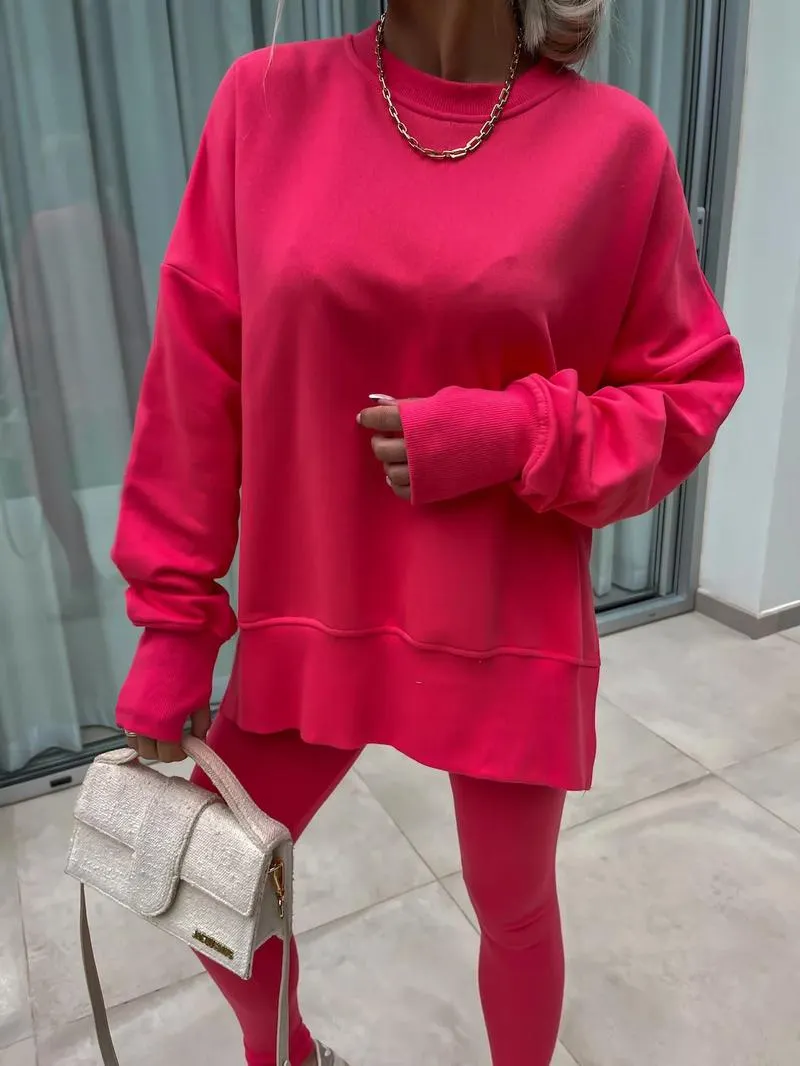 Oversize Two-Piece Set Women's Split Hem Sweatshirt & Skinny Pants, Casual Fashion Cozy Round Neck Long Sleeve Pullover Women's Clothing for Fall & Basic Winter Suits Womenswear Gamis