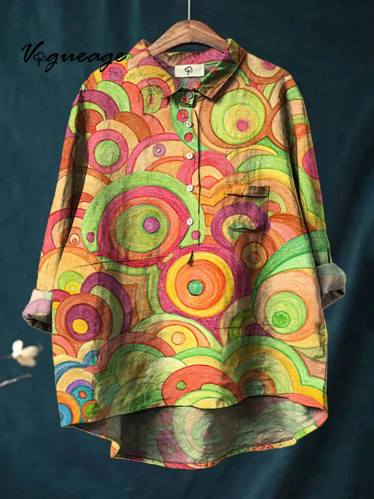 Fashionable And Creative Circular Color Block  Printed Cotton And Linen Shirt