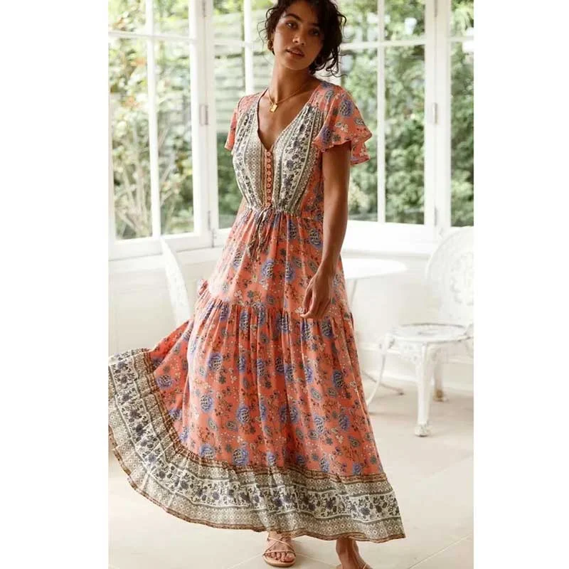 BOHO INSPIRED peach floral maxi dress V-neck short sleeve summer dress drawstring waist cotton dress for women new boho dress
