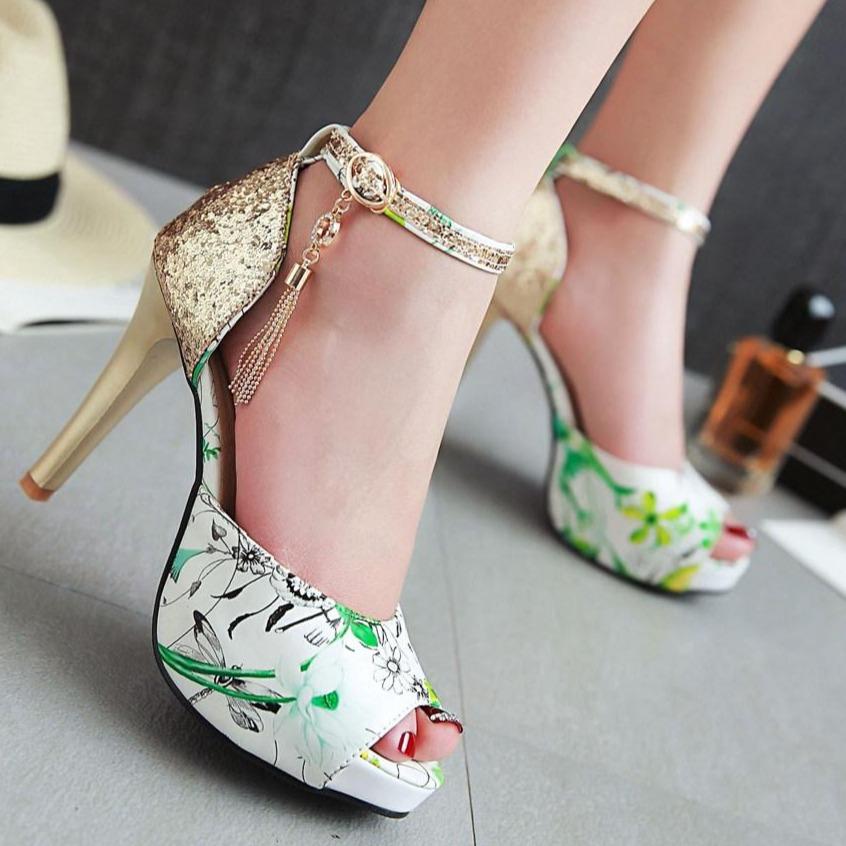 Women's peep toe floral print ankle strap high heels