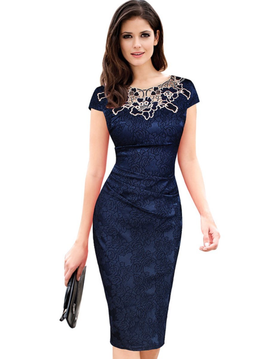 Women's Dresses Round Neck Lace Flower Embroidery Patchwork Neck Midi Bodycon Dresses