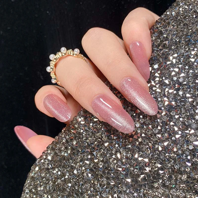 24pcs Purple Gray Fake Nail Patch Cat Eye False Nail Patch Press On Finger Nail Tips Detachable Full Cover Acrylic Nails-Nail Inspo