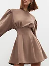 Urban Round-Neck Solid Color Long Sleeve A-Line Mini Dress