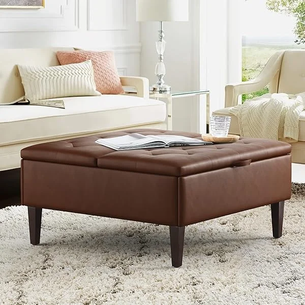Storage Ottoman Lift Top Coffee Table, 36" Upholstered Tufted Waffle Faux Leather Ottoman with Storage Large Storage Bench for Living Room Bedroom with Dark Brown Wooden Legs, Dark Brown Dark Brown Faux Leather