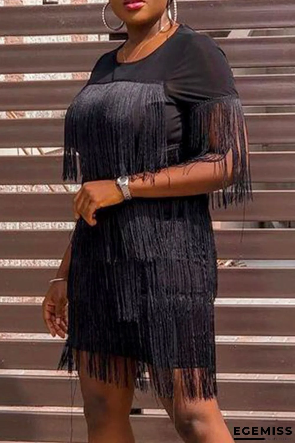 Black Fashion Casual Solid Tassel Patchwork O Neck Short Sleeve Dress | EGEMISS