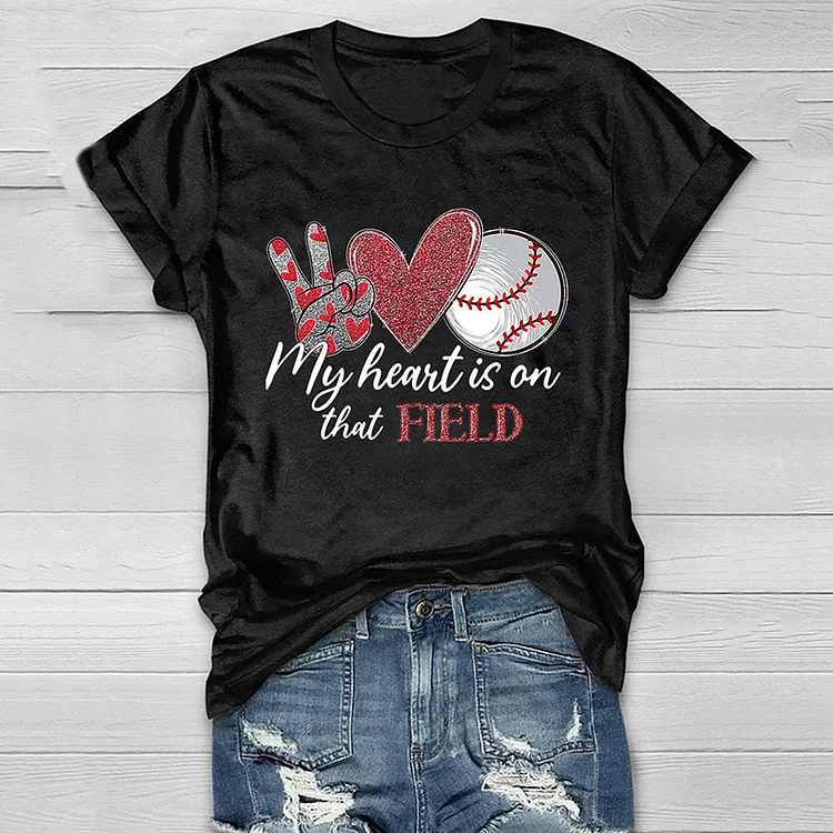 Comstylish Women's My Heart Is On That Field Baseball Casual Print T-Shirt