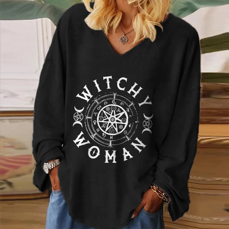 Witch Woman Printed V-neck Long Sleeve T-shirt