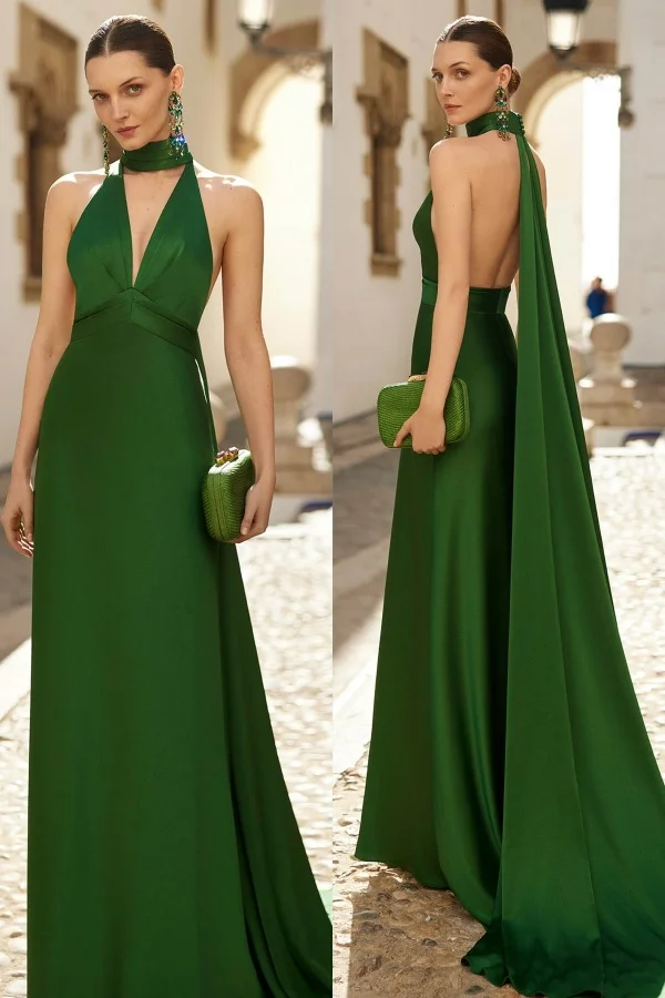 Lisliy Elegant Green Halter Backless Long Prom Dress 
