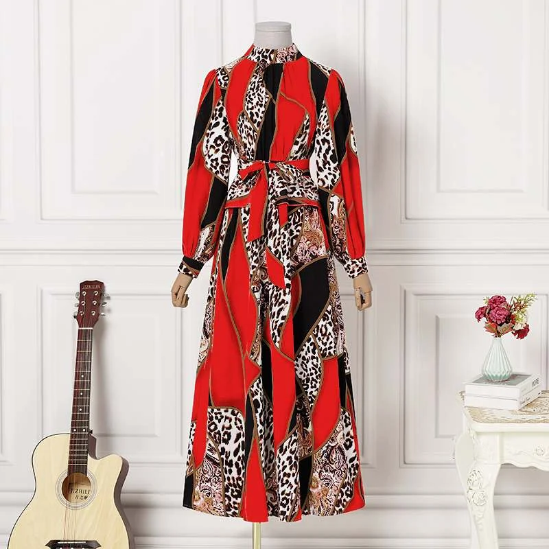 VONDA Women Loose Robes Longue Plus Size Casual O Neck Printed Long Maxi Dress Ladies Long Puff Sleeve Robes Bohemian Vestidos