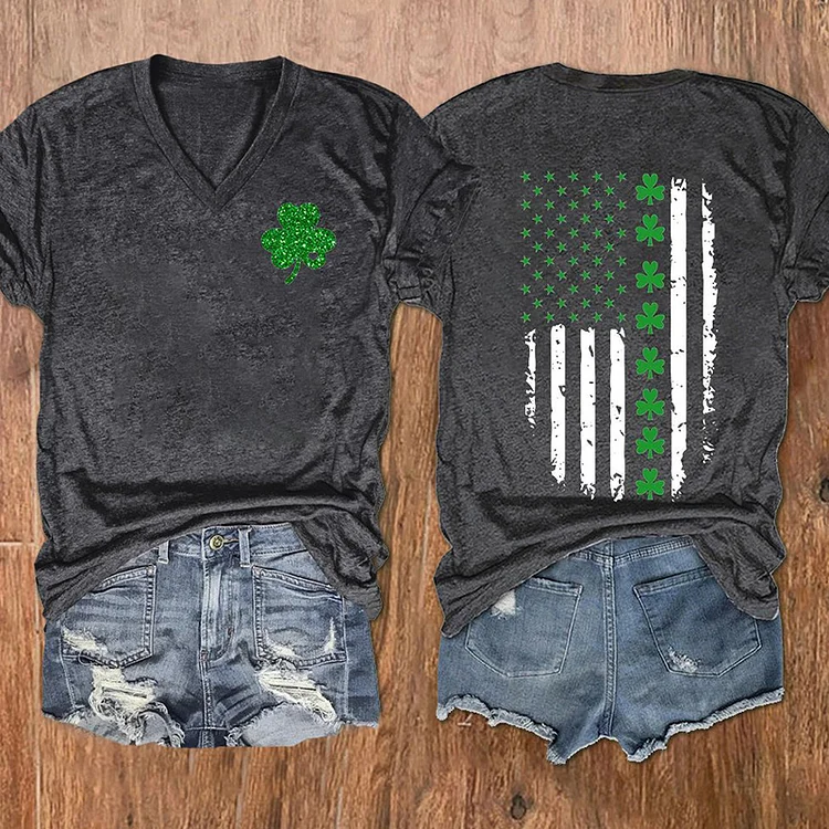 VChics Women's St. Patrick's Day Flag Shamrock Print V Neck T-Shirt