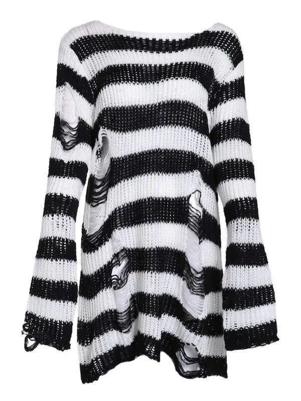 Brownm Distressed Stripe Longline Sweater