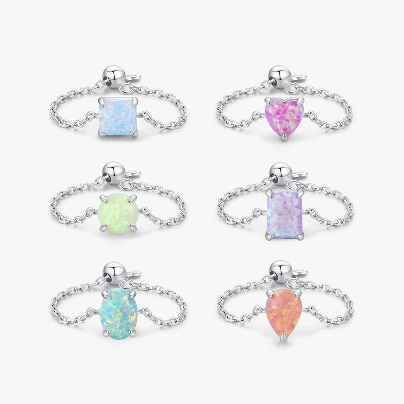 Rhodium Plated 925 Sterling Silver Opal Geometric Water Droplets Heart Shape Open Rings