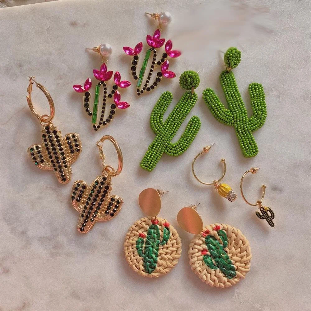 Dvacaman INS Fashion Green Color Beaded Cactus Drop Earrings for Women Boho Weave Rattan Cactus Round Earrings Statement Jewelry