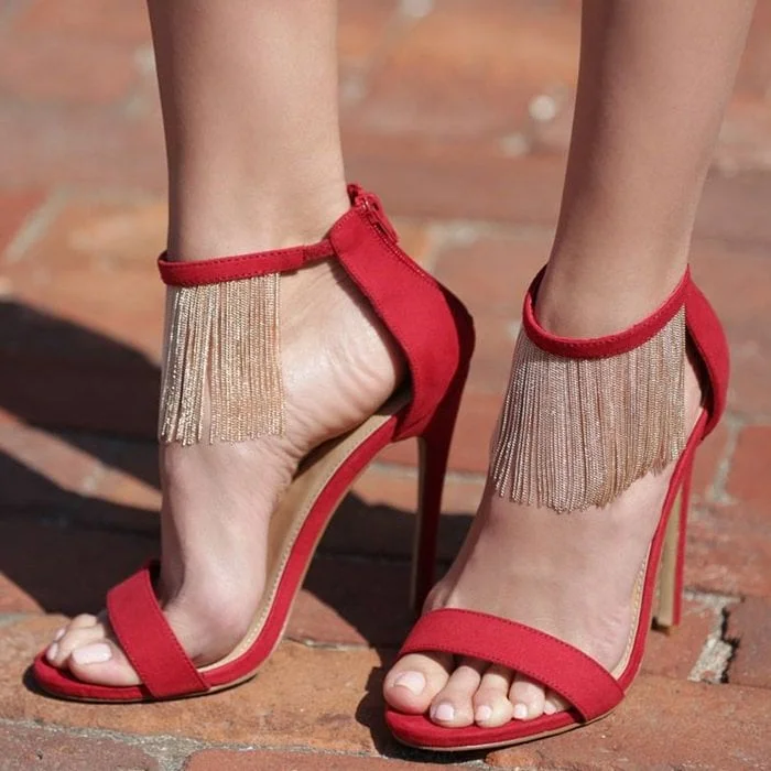 Red Fringe Vegan Suede Open Toe Stiletto Heel Ankle Strap Sandals |FSJ Shoes