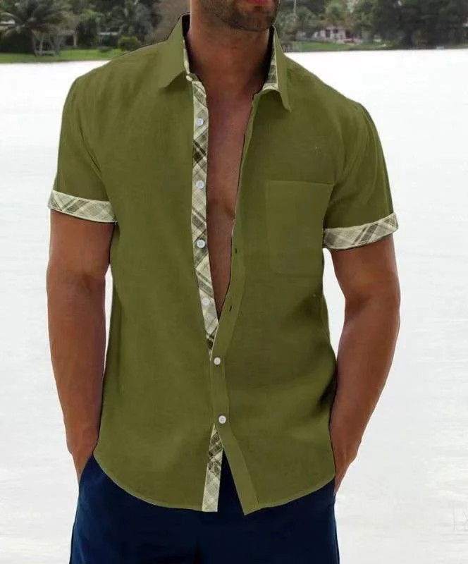 Men's casual color contrast lapel top