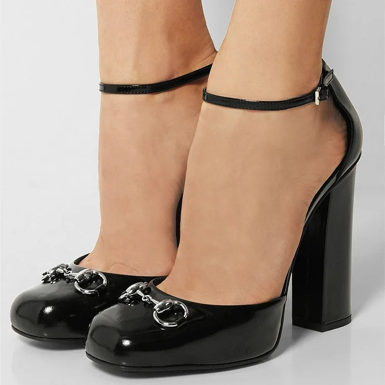 Black Vegan Oily Leather Ankle Strap Heels Chunky Heel Pumps |FSJ Shoes