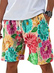 Colorful Flower Decorative Pattern Cotton And Linen Beach Shorts