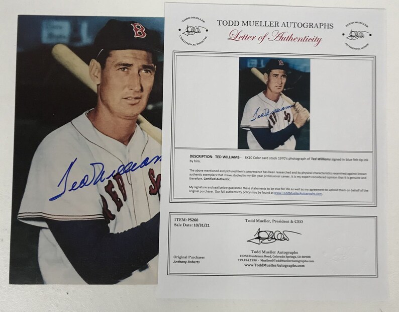 Ted Williams (d. 2002) Signed Autographed Color 8x10 Photo Poster painting - Todd Mueller COA