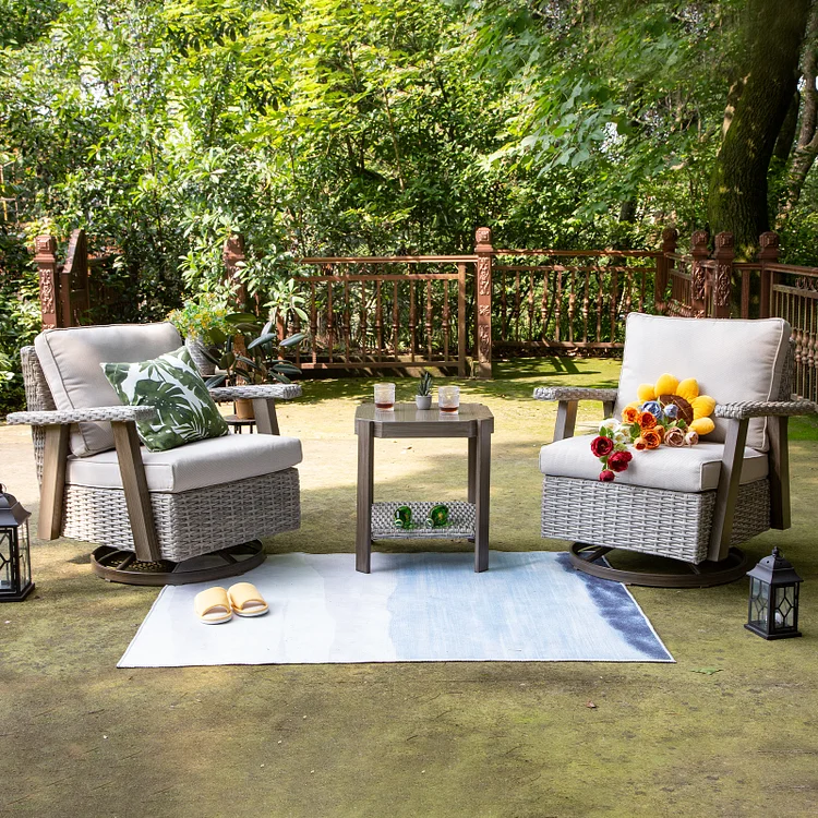 Joyside Outdoor Swivel Wicker Chairs and Side Table Set, 3-Piece