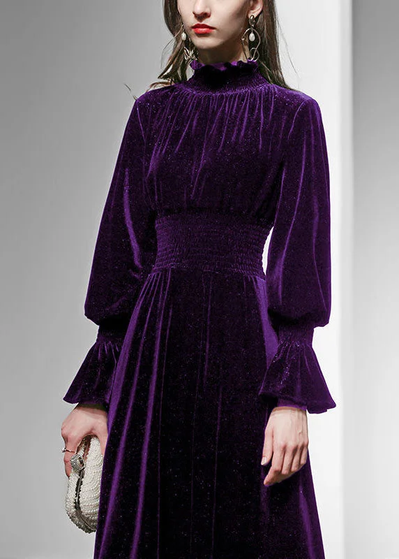 Purple Velour Long Dresses Sequins Ruffled Spring