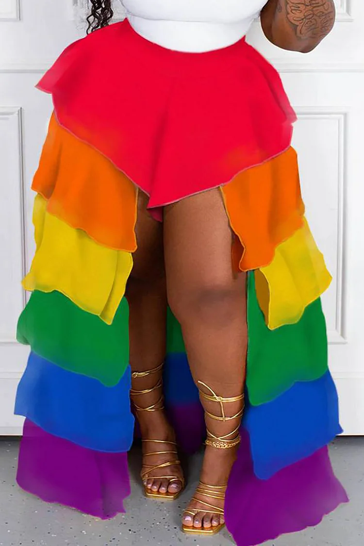 Plus Size Multicolor Party Rainbow Print Overlay Ruffle Skirts [Pre-Order]
