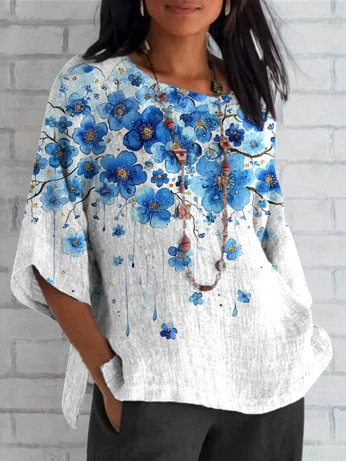 Women's Forget-Me-Not Floral Print Alzheimer's Awareness Linen Shirt