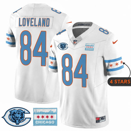 Men's Chicago Bears #84 Colston Loveland White City Edition With Chicago Flag Vapor F.U.S.E. Untouchable Limited Jersey