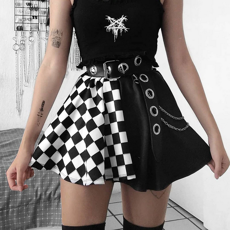 Gothic Half Plaid High Waist A Line Skirt - Gotamochi Kawaii Shop, Kawaii Clothes