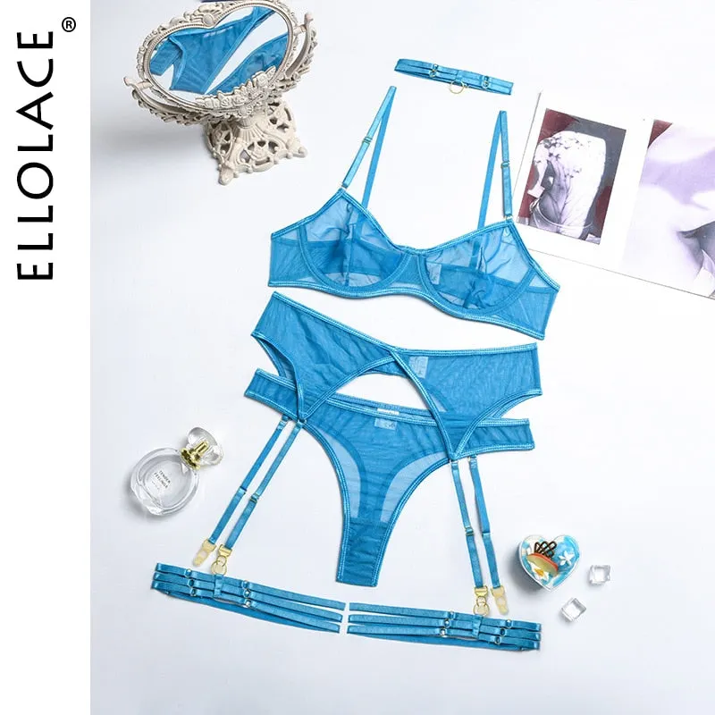 Ellolace Set Woman 4 Pieces Sexy Erotic Lingerie Underwear Bra Garters Brief Sets Transparent Lace Seamless Blue Setup Ladies