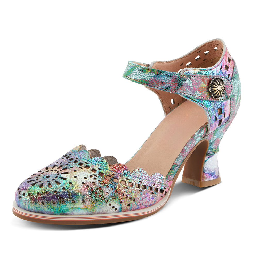 Rainbow Metallic Floral Print Round Toe Heeled Women's Pumps Shoes Nicepairs