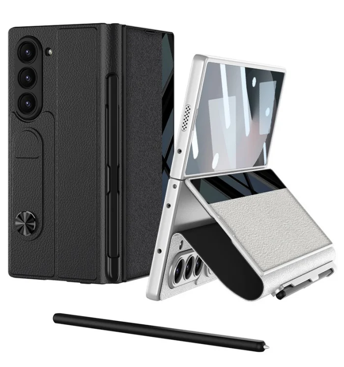 Samsung Z fold6 mobile phone case plain leather bracket folding screen anti-fall flip cover leather case shell film integrated pen slot