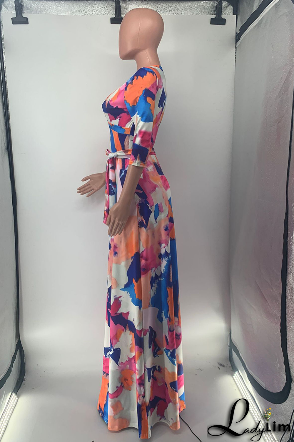 Colour Casual Print Split Joint V Neck Waist Skirt Dresses