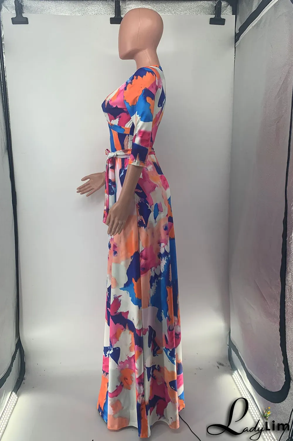 Colour Casual Print Split Joint V Neck Waist Skirt Dresses