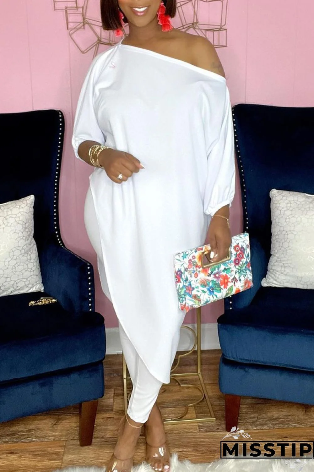 Camouflage Fashion Casual Print Asymmetrical Oblique Collar Three Quarter Two Pieces