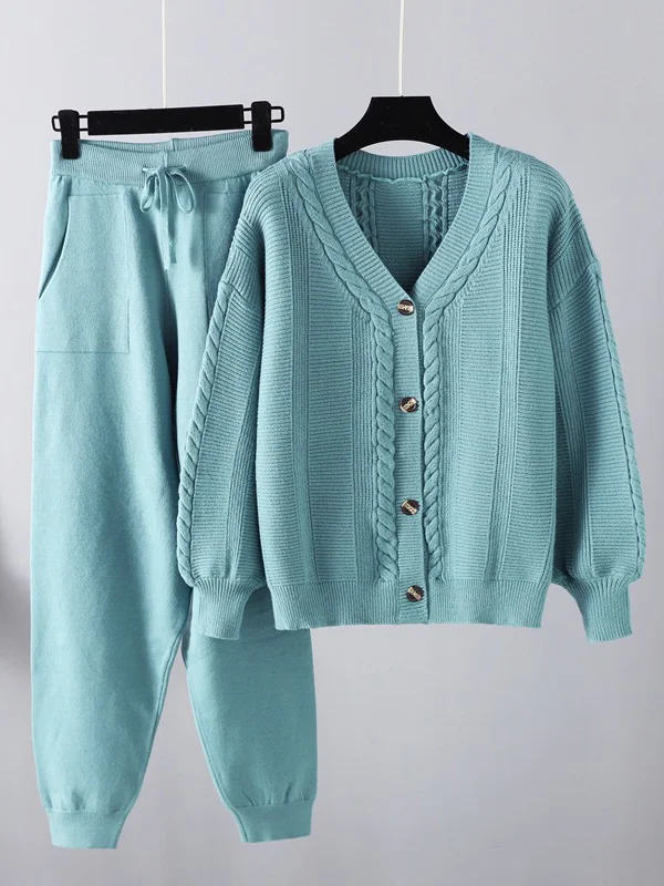 Casual Loose Solid Color Long Sleeves V-Neck Cardigan Tops& Drawstring Pants Suits 