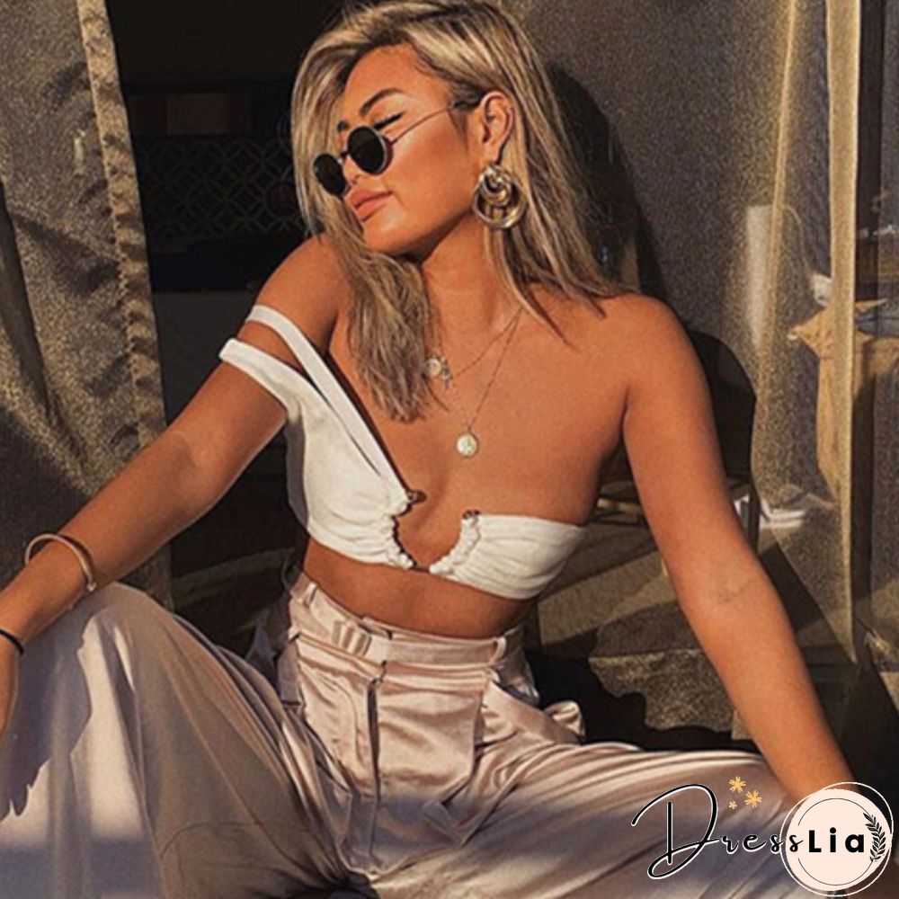 Women's Solid Color Camisole Metal Decorative Tube Top Single Shoulder Strap Vest Sexy Summer Hot Women's Clothing