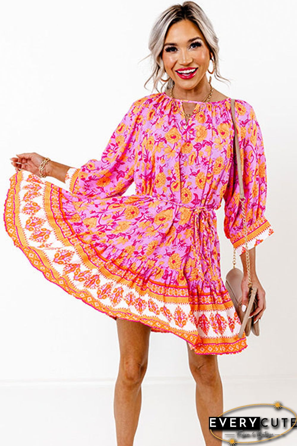 Red 3/4 Sleeve Boho Floral Belted Mini Dress