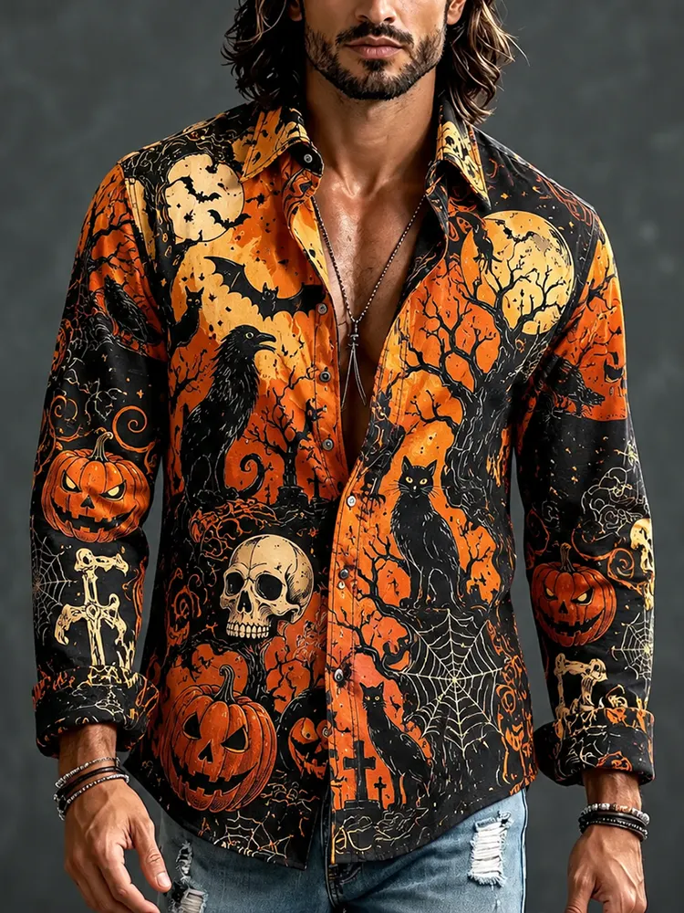 Men's Long Sleeve Lapel Casual Shirt With Halloween Spooky Pumpkin, Skull, Raven, And Moon Print