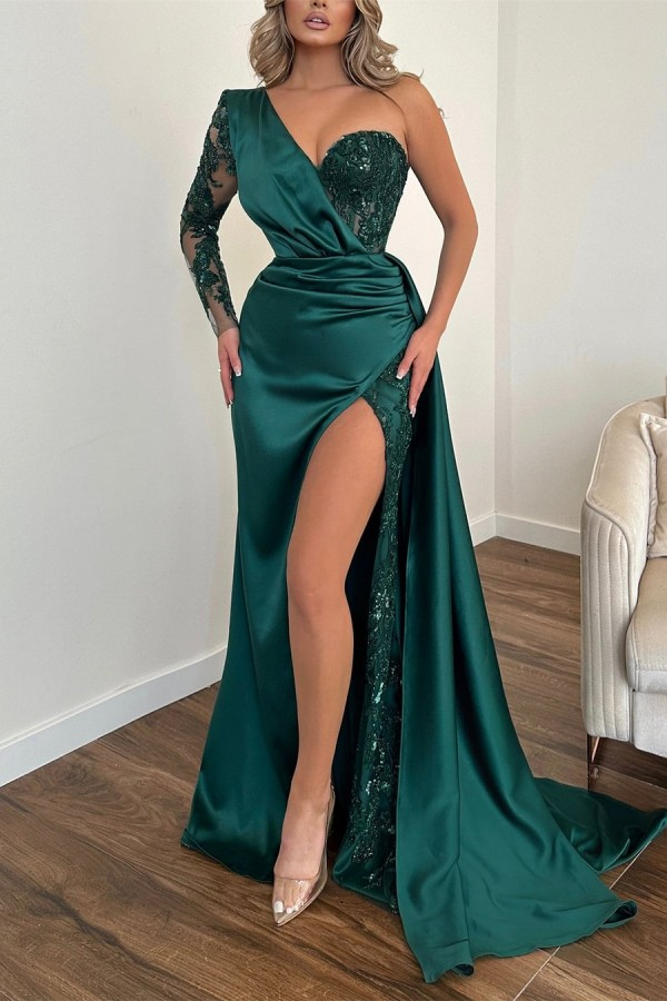 Chic Dark Green One Shoulder Long Sleeve Mermaid Prom Dress Appliques With Split - lulusllly