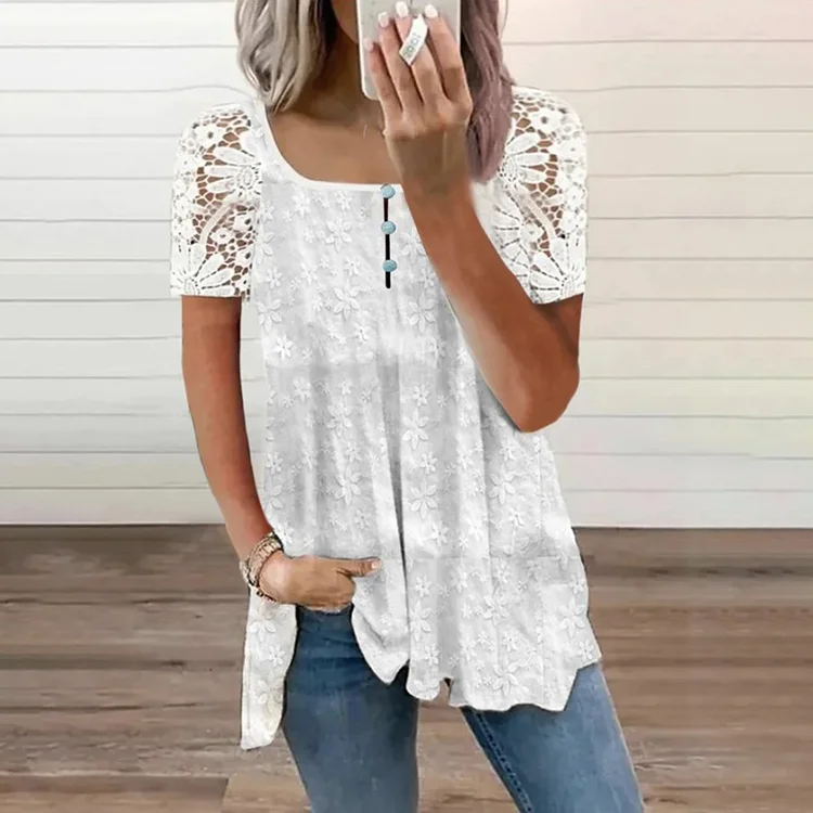 VChics Solid Color Pullover Off Neck Lace Sleeve Short Sleeve T-Shirt