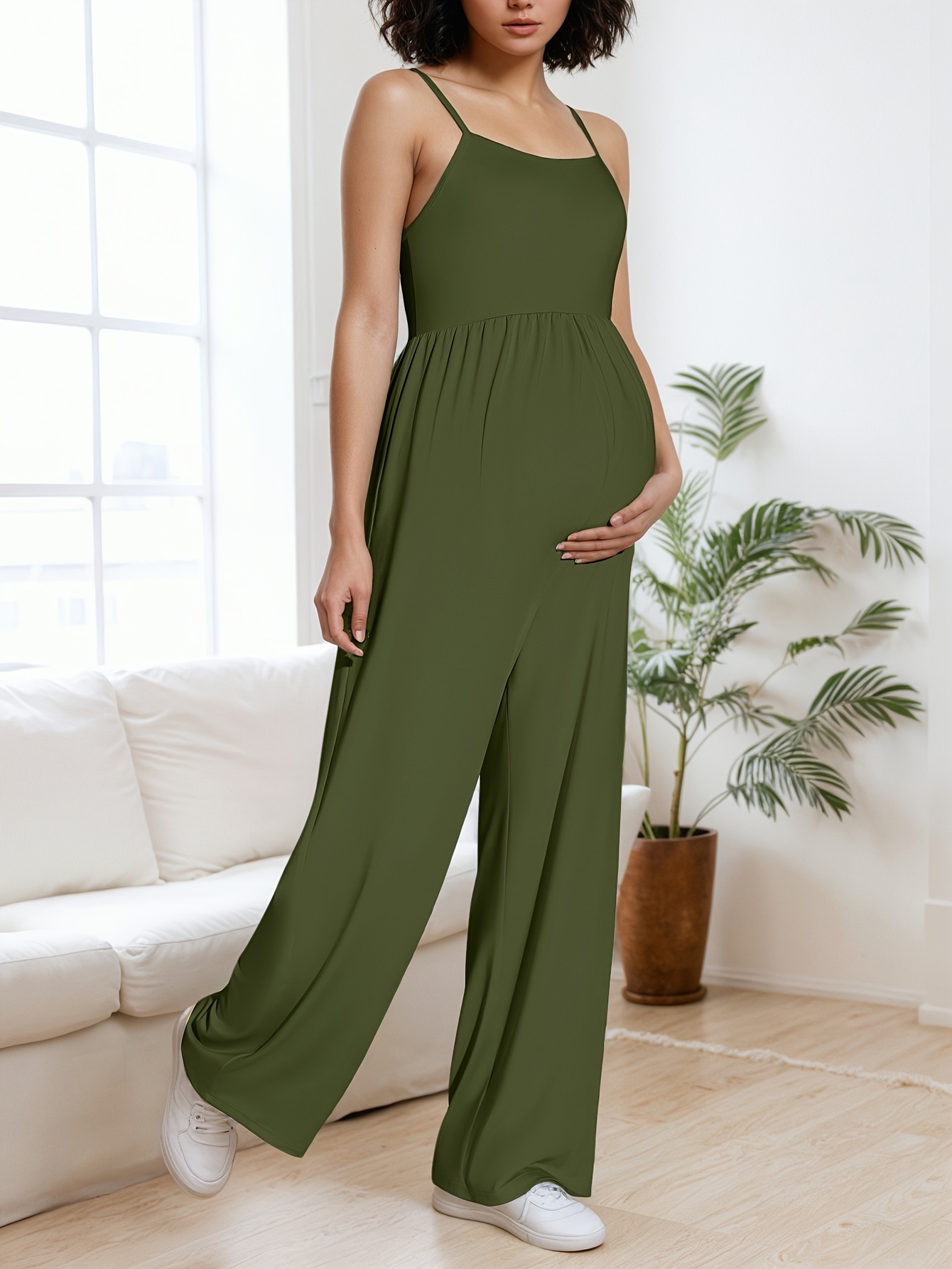 Beige Maternity Jumpsuit - Elegant Long Style, Stretch Fabric, Adjustable Straps, Machine Washable, Comfort Fit For Casual Outings, Everyday Maternity Outfit | Casual Chic Outfit | Nontransparent Material, Maternity Clothe | IFYHOME