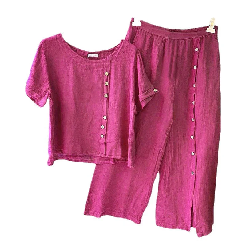 Women plus size clothing Women's Short Sleeve Scoop Neck Solid Color Buttons Top & Buttons Design 3/4 Pants Set-Nordswear