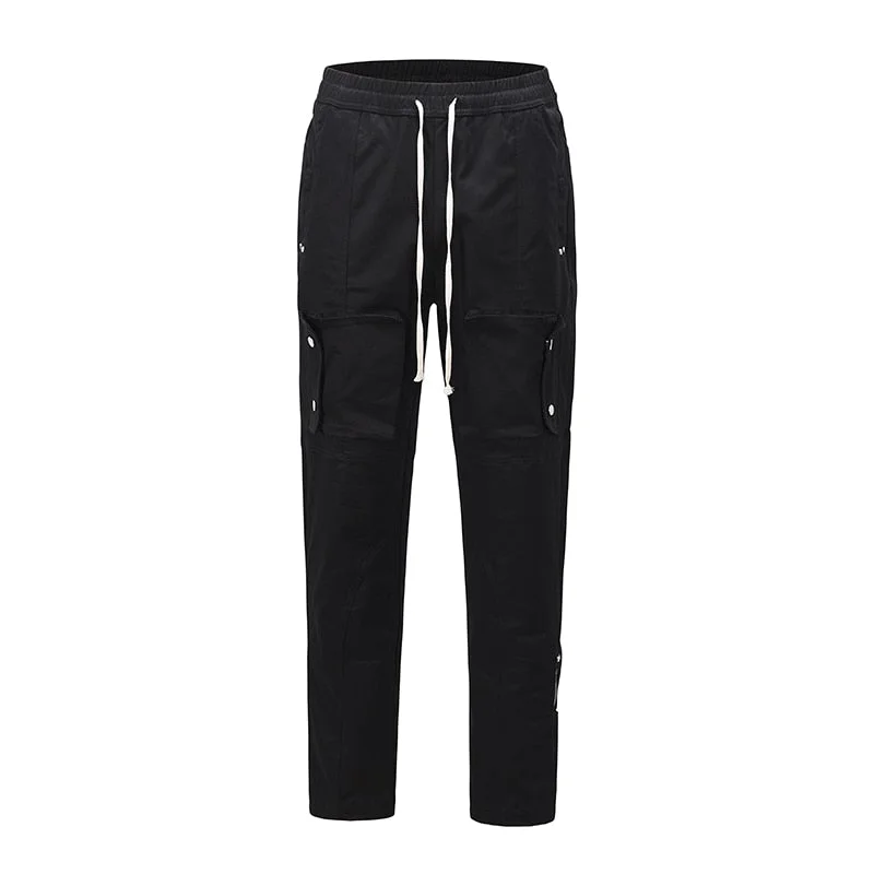 Ankle Zipper Multi-pockets Vibe Overalls Mens Drawstring Solid Black Straight Loose Casual Cargo Pants Hip Hop Baggy Trousers