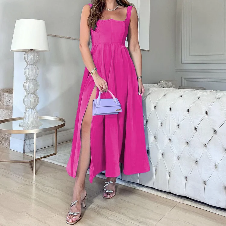 Comstylish Fashion Solid Color Slit Midi Dress